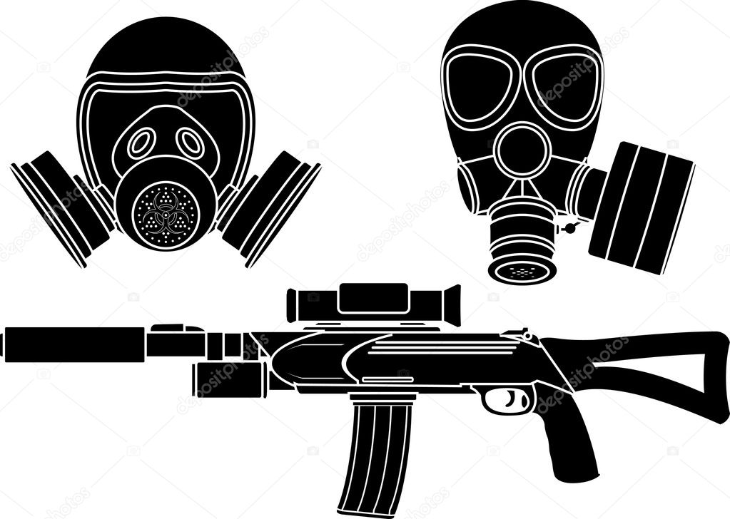 Sniper rifle and gas masks