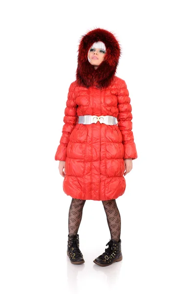 Woman in red down-padded coat — Stock Photo, Image