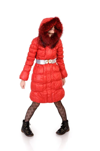 Woman in red down-padded coat — Stock Photo, Image