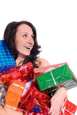 Young woman in red christmas clothing with a lot of present box clipart