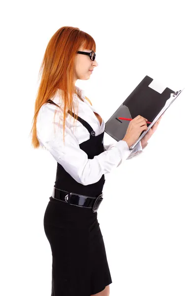 Joven sexy mujer de negocios con el pelo rojo aislado en blanco — Foto de Stock