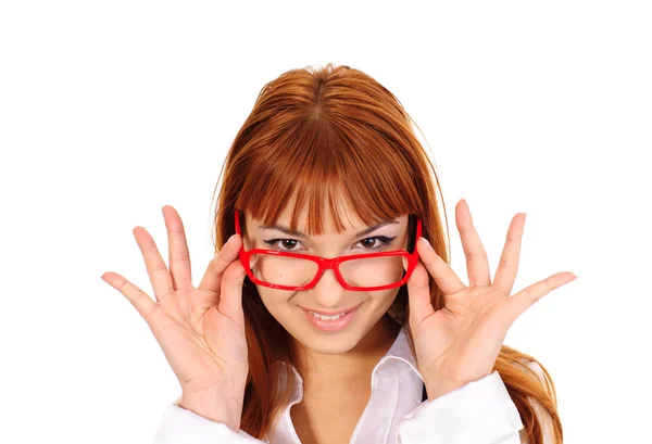 Giovane donna d'affari sexy con i capelli rossi isolati su bianco — Foto Stock