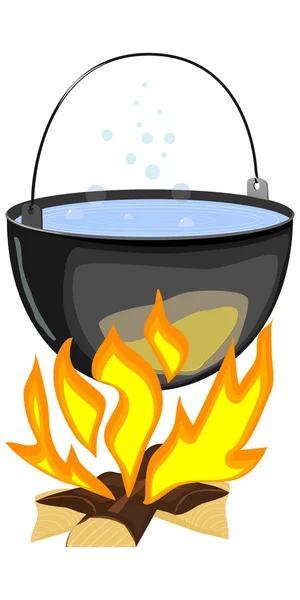 Ilustração vetorial de um fogo e uma panela — Vetor de Stock