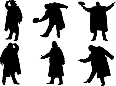 A collection of silhouettes of men in a cloak with a hat. Vector clipart