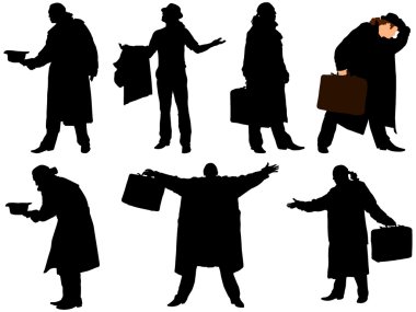 A collection of silhouettes of men in a cloak with a suitcase. V clipart