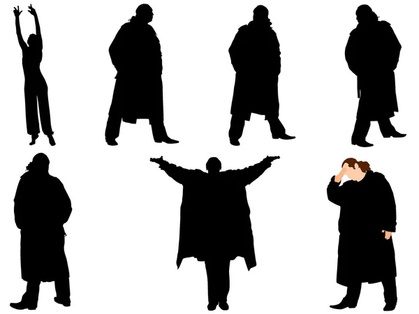 Une collection de silhouettes d'hommes en trench coat. Vecteur — Image vectorielle