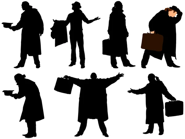 Una collezione di sagome di uomini in un mantello con una valigia. V — Vettoriale Stock