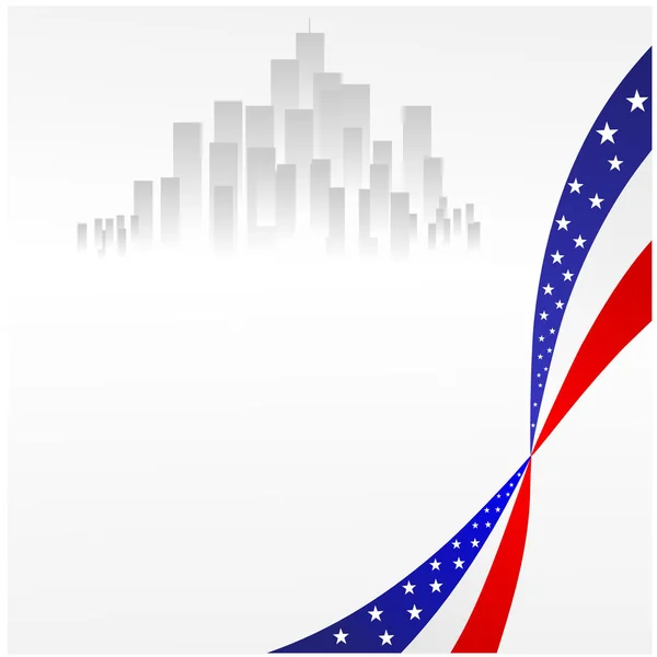 Ilustración vectorial de una bandera americana y la ciudad — Vector de stock