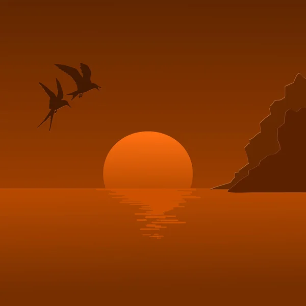 Vektorové ilustrace východ slunce a létající racky — Stockový vektor