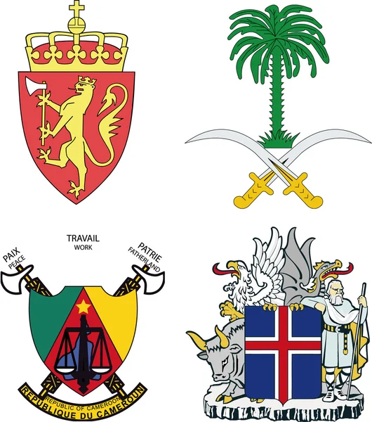 Set of arms of Iceland, Norway, Saudi Arabia, Cameroon — Stock Vector