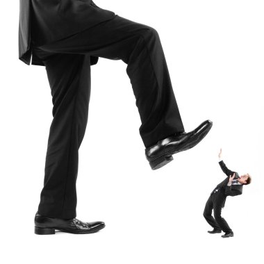 Businessman's foot stepping on tiny businessman clipart