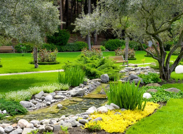Trädgård med damm i asiatisk stil — Stockfoto