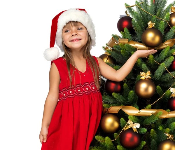 Söt flicka nära trädet cristmas — Stockfoto