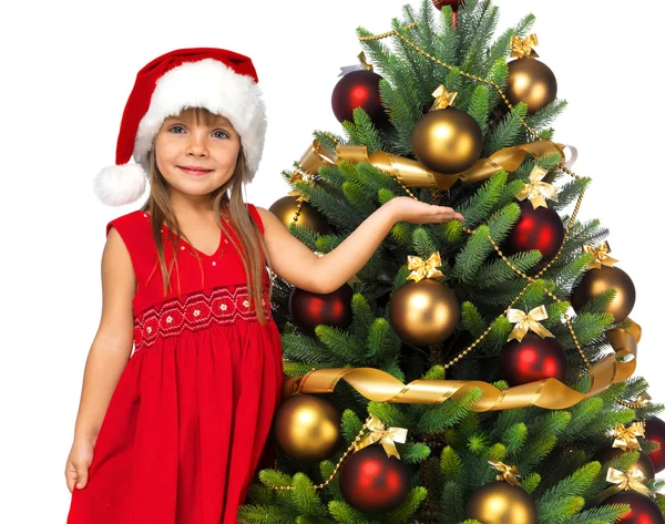 漂亮的女孩带我的礼物在圣诞节树附近 — 图库照片