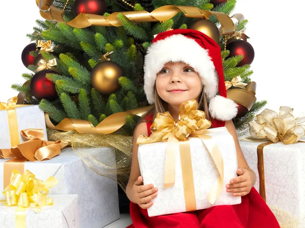 Hübsches Mädchen mit Geschenk in der Nähe des Weihnachtsbaums — Stockfoto