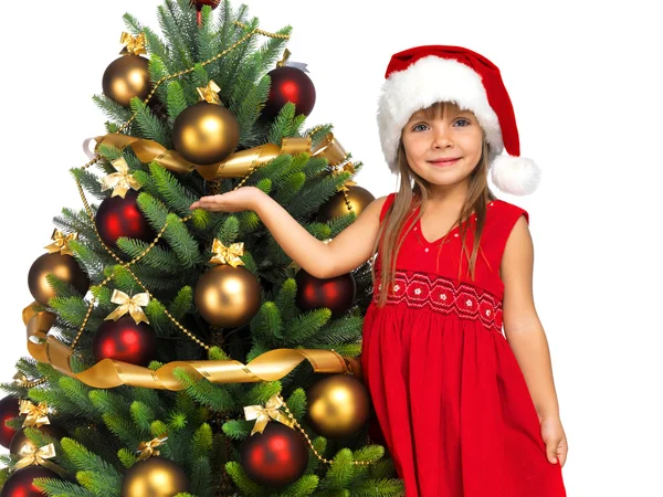 Chica bonita con regalo cerca del árbol de Navidad —  Fotos de Stock