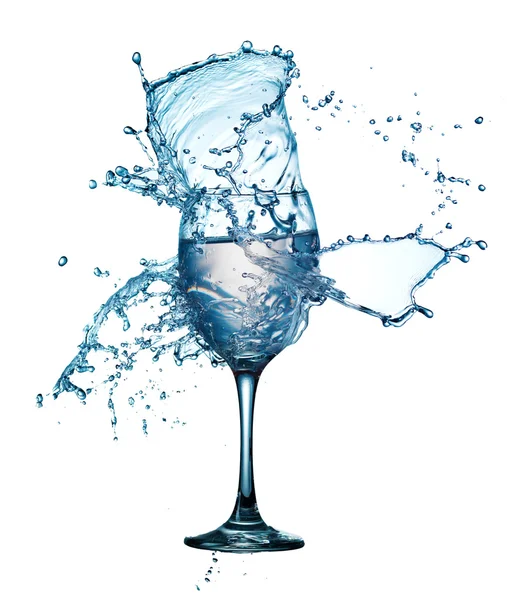 Salpicos de água azul em vidro isolado no fundo branco — Fotografia de Stock