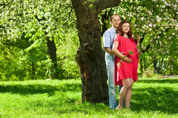 Schwangere im Park mit ihrem Mann — Stockfoto