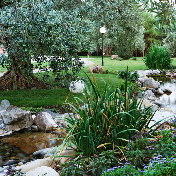 Jardim com lagoa em estilo asiático — Fotografia de Stock