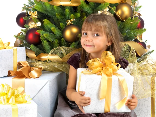 Pretty girl with present near the Cristmas tree Stock Photo