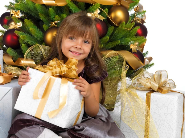 Pretty girl with present near the Cristmas tree Royalty Free Stock Images