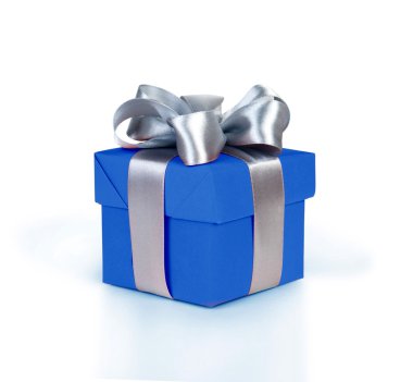 Blue gift box with silver ribbon clipart