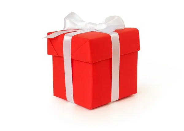 红色礼品盒，白色缎带 — 图库照片