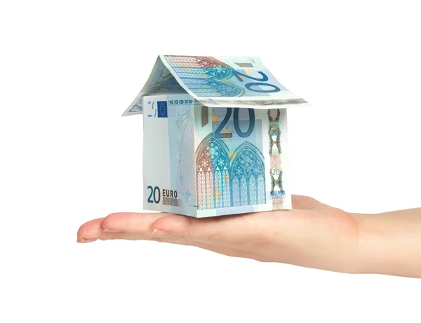 House made from euro bills in hand — Stock Photo, Image