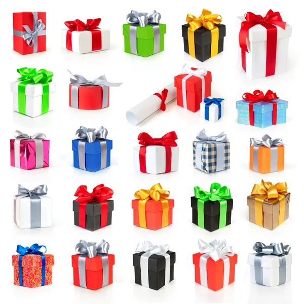 Colección de cajas de regalo a color con cintas y lazo —  Fotos de Stock