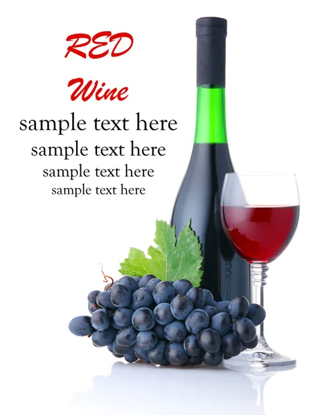 stock image Bottle and goblet of red wine with branch of grapes isolated