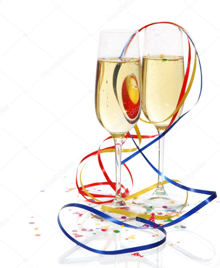 Champagne in two glasses with streamers