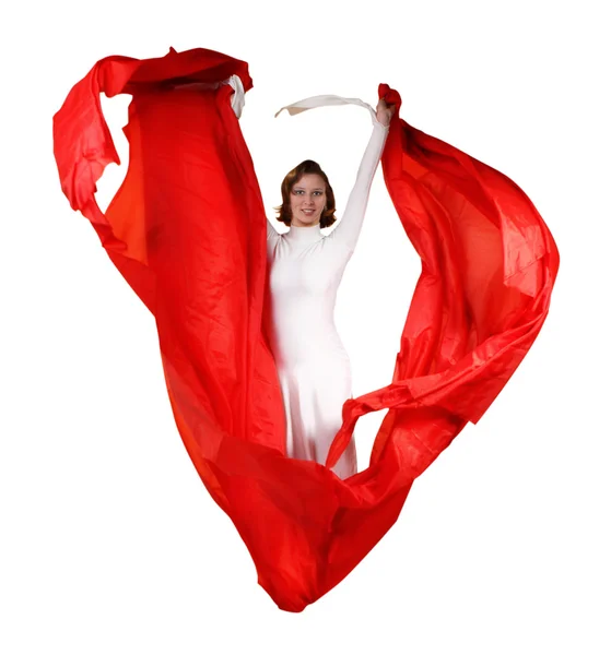 Mujer joven en vestido blanco con tela roja — Foto de Stock
