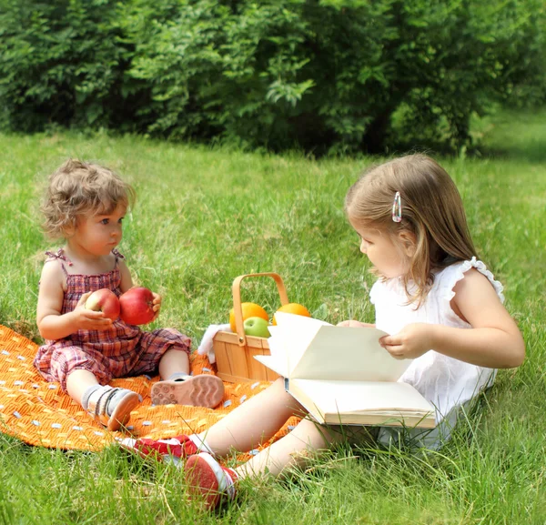Kinder lesen Buch über Picknick — Stockfoto