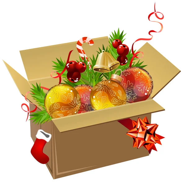 Χάρτινο κουτί γεμάτο μπάλες Χριστούγεννα — Διανυσματικό Αρχείο