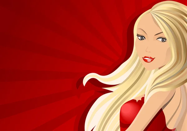 Mooie blonde in rode jurk — Stockvector