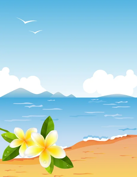 Playa tropical con frangiapani — Vector de stock