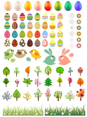 Big collection of different easter eggs and trees clipart