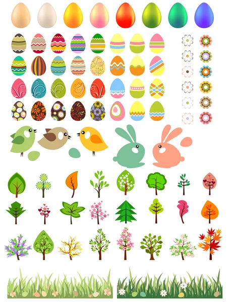 Big collection of different easter eggs and trees — Stock Vector