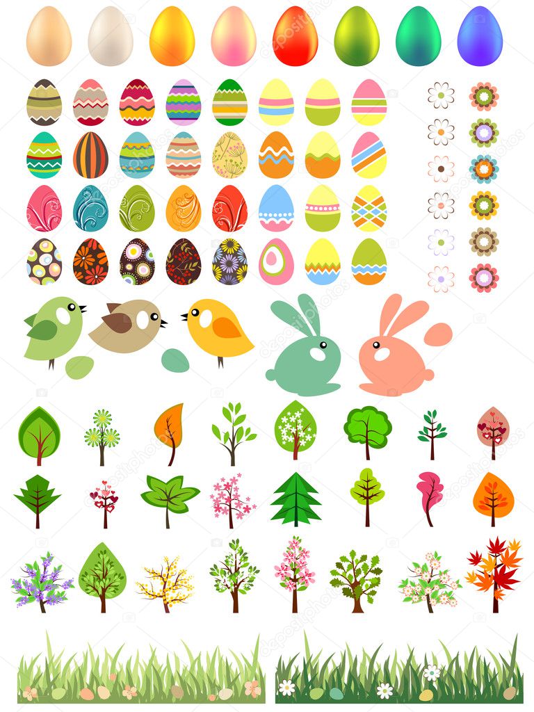 Big collection of different easter eggs and trees