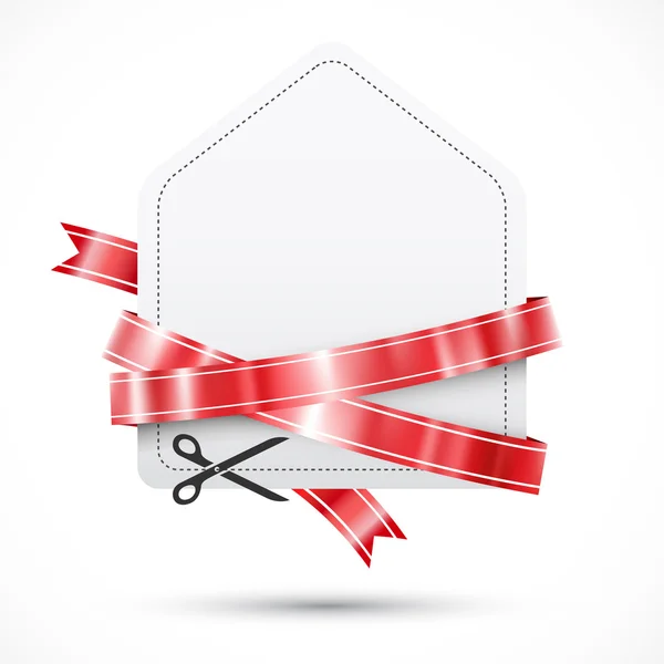 Étiquette de vente avec ciseaux et rubans rouges — Image vectorielle