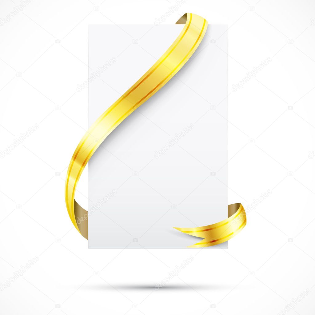Realistic blank paper and gold ribbon