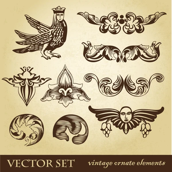 Set of vintage design elements and whimsical animals or peoples — Stock Photo, Image