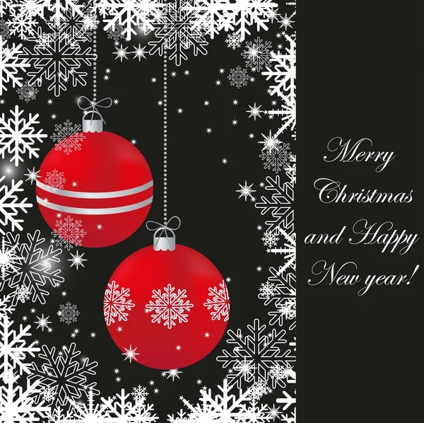 Ročník vánoční přání s červenou koulí a sněhové vločky — Stock fotografie