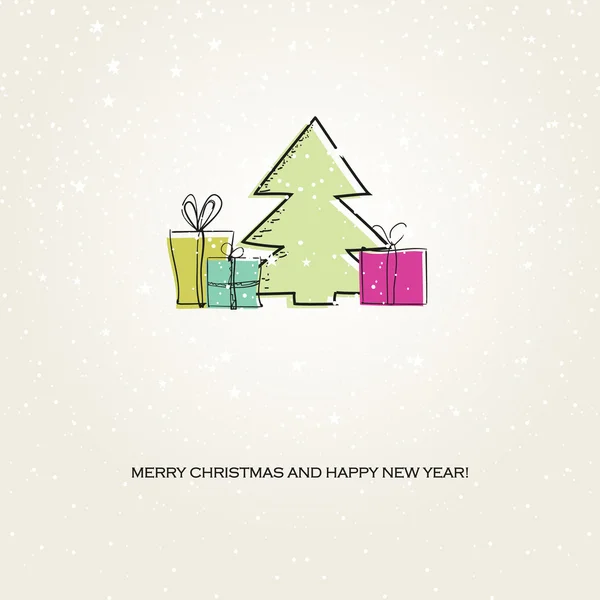 Biglietto natalizio con albero di Natale su sfondo blu scuro — Foto Stock