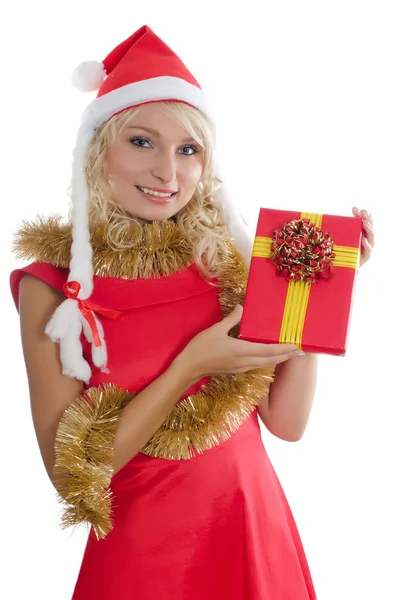 圣诞女孩与孤立的礼物 — 图库照片