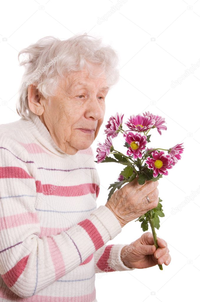 The old woman with a bunch of flowers