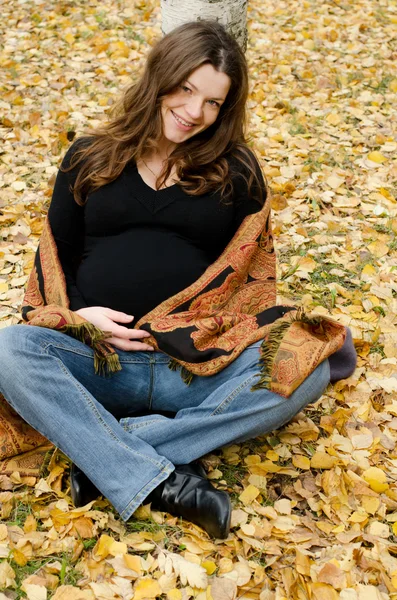 La chica embarazada en el parque de otoño — Foto de Stock