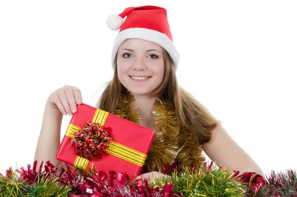 Weihnachtsmädchen mit Geschenken isoliert auf weiß — Stockfoto