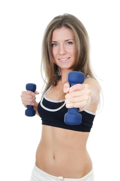 The girl does exercises with dumbbells isolated — Stock Photo, Image