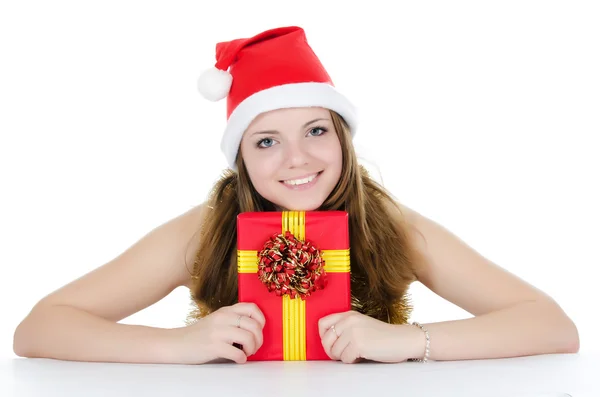Noel kızı ile üzerine beyaz izole hediyeler — Stok fotoğraf
